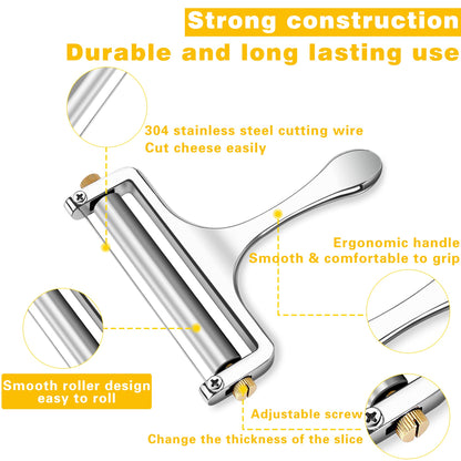TOPULORS Wire Cheese Slicer Stainless Steel Handheld Cheese Cutter for Mozzarella, Cheddar, Gruyere - with 1 Extra Wire - Adjustable Thickness Cheese Shaver Cheese Slicers for Block Cheese (Silver)