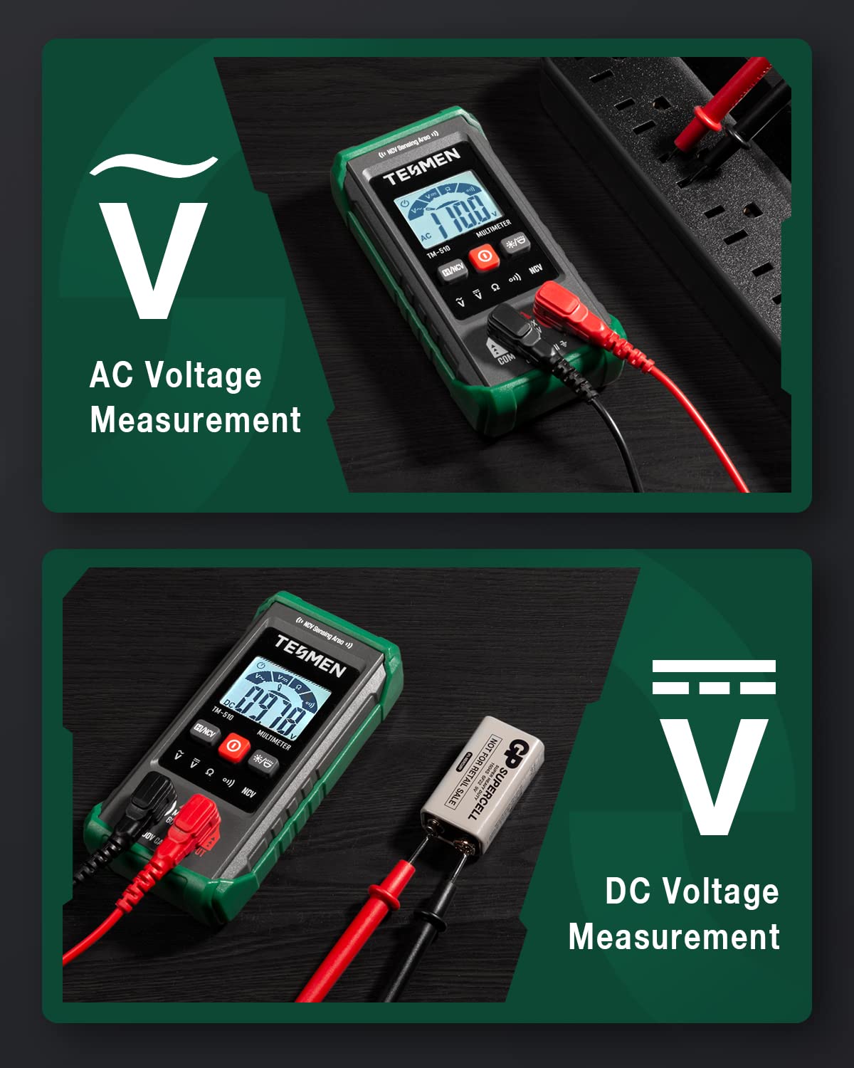 TM-510 Digital Multimeter, 4000 Counts, Smart Measurement, Auto-Ranging Voltmeter; Voltage Tester with Non-Contact Voltage Function, Measures AC/DC Voltage, Resistance, Continuity – Green
