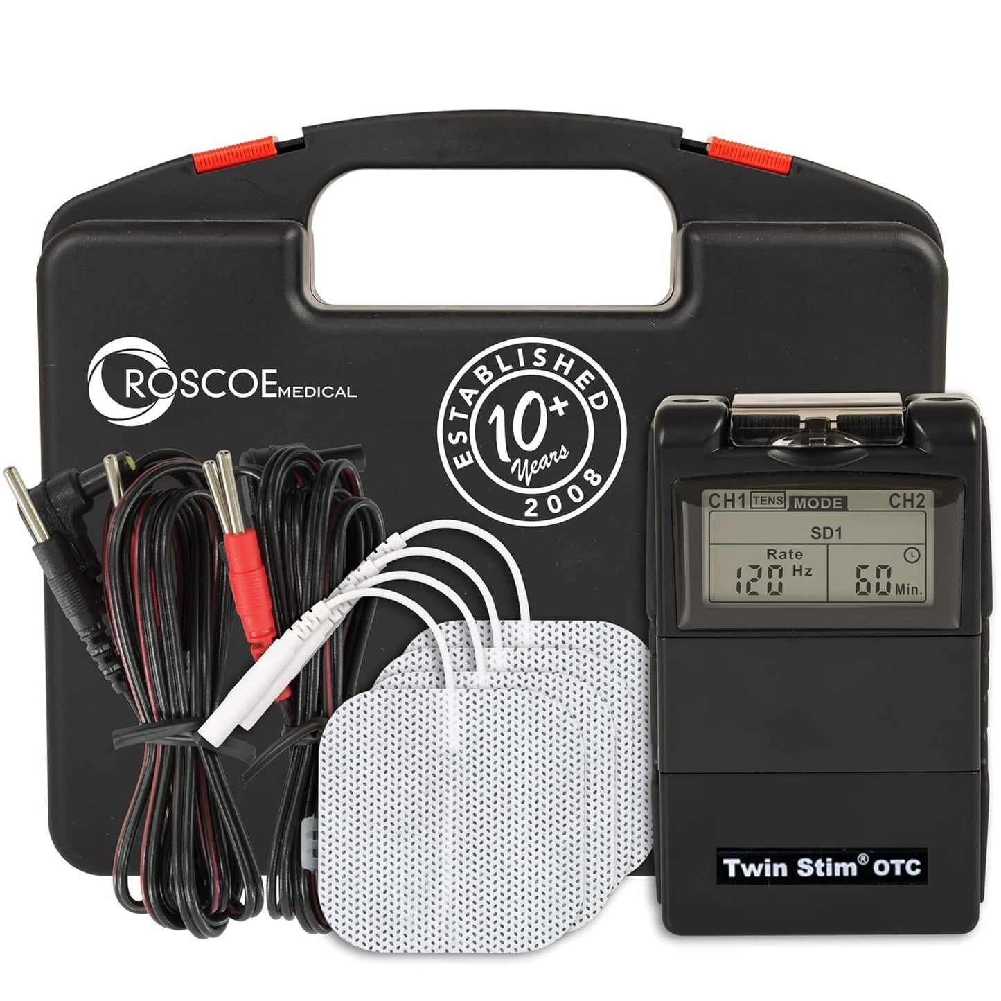 Roscoe Medical TENS Unit and EMS Muscle Stimulator, Twin Stim, OTC TENS Machine for Lower Back Pain Relief, Neck Pain, or Sciatica Relief, Clinical Strength Stim Machine