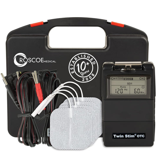 Roscoe Medical TENS Unit and EMS Muscle Stimulator, Twin Stim, OTC TENS Machine for Lower Back Pain Relief, Neck Pain, or Sciatica Relief, Clinical Strength Stim Machine