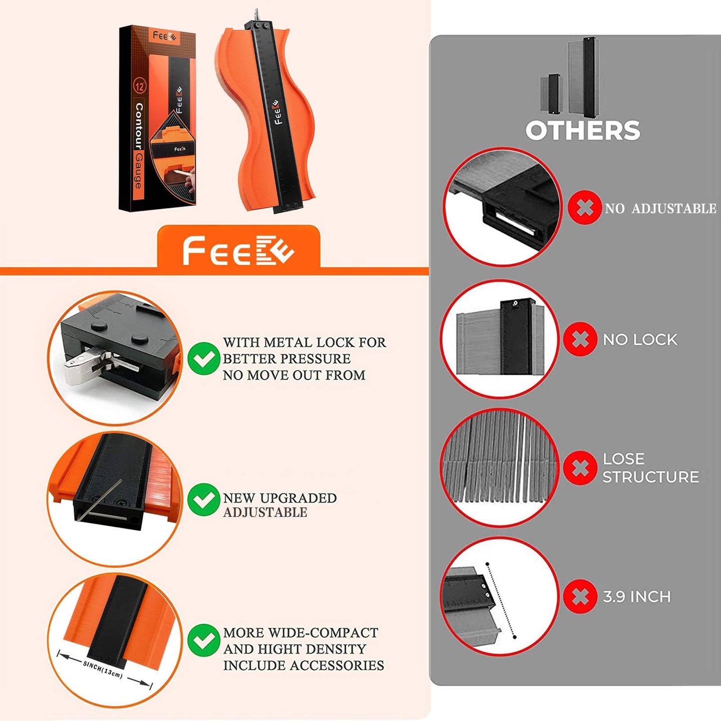 Contour Gauge (12 Inch) with Lock Profile Tool, Gifts for Men Dad Husband Him Super Contour Duplicator Men Gifts Woodworking Tools Carpenter Tools Construction Outline Angle Measuring Tool for Mens