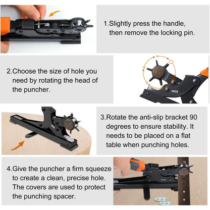 XOOL Revolving Punch Plier Kit, Leather Hole Punch Set for Belts, Watch Bands, Straps, Dog Collars, Saddles, Shoes, Fabric, DIY Home or Craft Projects, Heavy Duty Rotary Puncher, Multi Hole Sizes Make