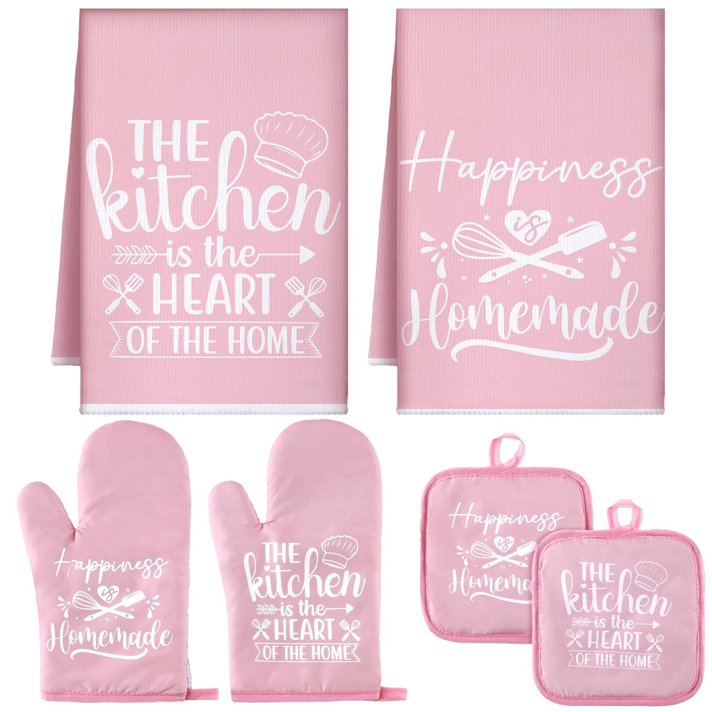 Sratte 6 Pcs Kitchen Decor Accessories Set Farmhouse Towels Pot Holders Oven Mitts Set 2 Dish Towels 2 Potholders 2 Cooking Mittens Oven Glove for Baking Cooking Supply(Pink,Kitchen)