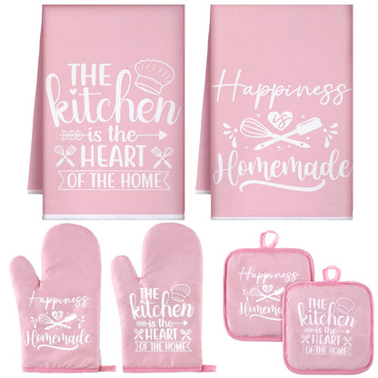 Sratte 6 Pcs Kitchen Decor Accessories Set Farmhouse Towels Pot Holders Oven Mitts Set 2 Dish Towels 2 Potholders 2 Cooking Mittens Oven Glove for Baking Cooking Supply(Pink,Kitchen)