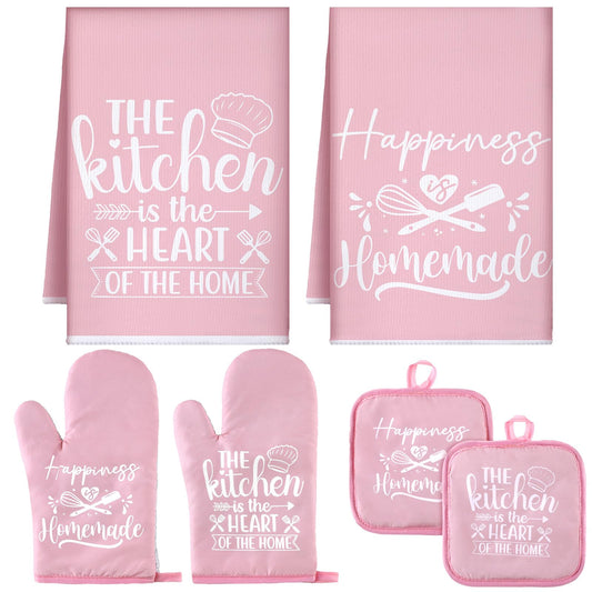 Sratte 6 Pcs Kitchen Decor Accessories Set Farmhouse Towels Pot Holders Oven Mitts Set 2 Dish Towels 2 Potholders 2 Cooking Mittens Oven Glove for Baking Cooking Supply(Pink,Kitchen)