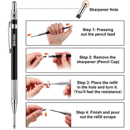 Enhon 2mm Mechanical Carpenter Pencil Set with 12 Marker Refills and Sharpener, Woodworking Marking Tool Solid Deep Hole Construction Pencil, Extended Needle-Nose Tip for Use in Jobs (Black)