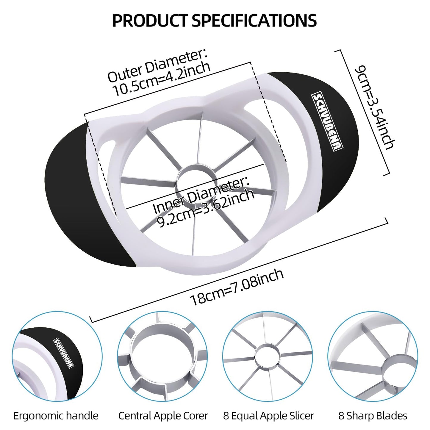 SCHVUBENR 3.5 Inch Apple Slicer - Professional Apple Cutter - Stainless Steel Apple Corer - Super Sharp Apple Slicer and Corer - Apple Tool with 8 Sharp Blades(Black)