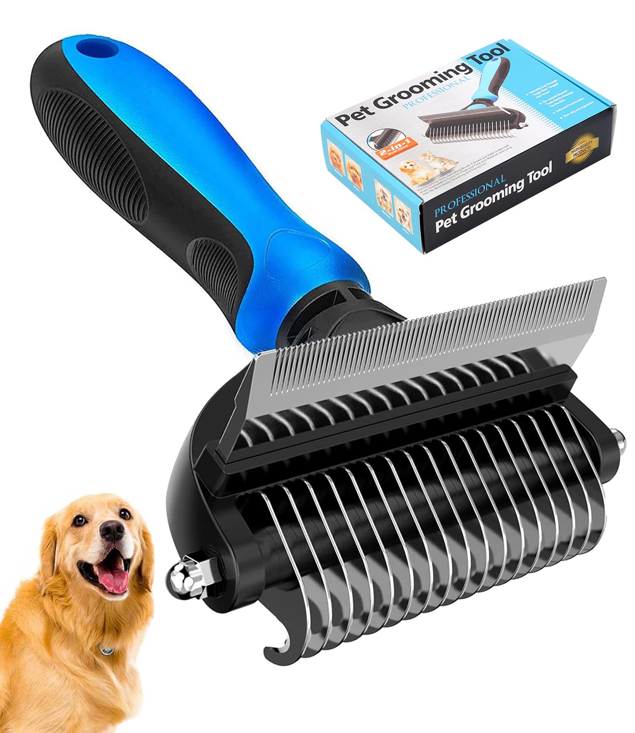 [ 2 in 1 design ] Undercoat Rake and Deshedding Tool for Dogs and Cats - Dematting Comb for Long Hair Pets, Grooming Brush to Clear Mats, Tangles and Reduce Shedding by 95%