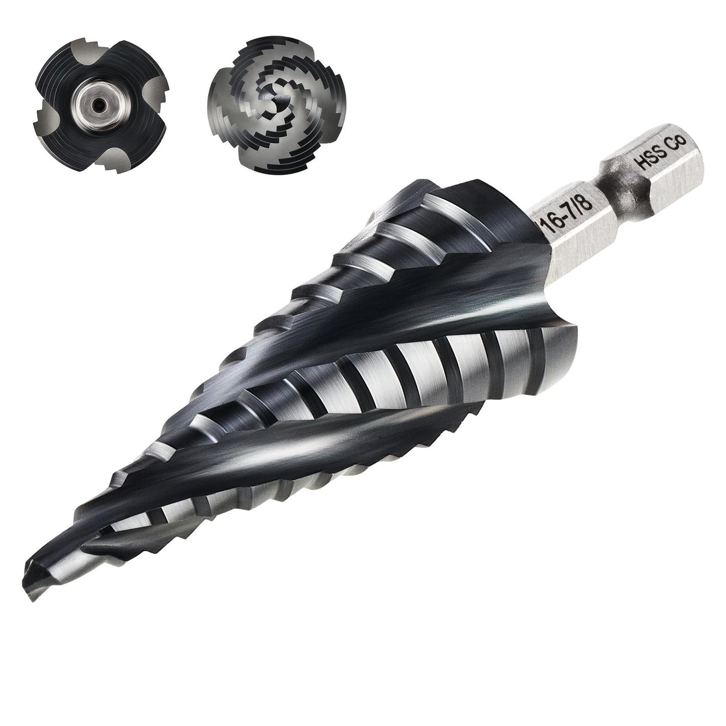 ZELCAN 12 Sizes M35 Cobalt Step Drill Bit, 3/16" to 7/8" Four Spiral Flute Step Drill Bit for Metal, Titanium-Coated HSS Step Bit with 1/4" Hex Shank for Stainless Steel Aluminum Copper Wood Plastic