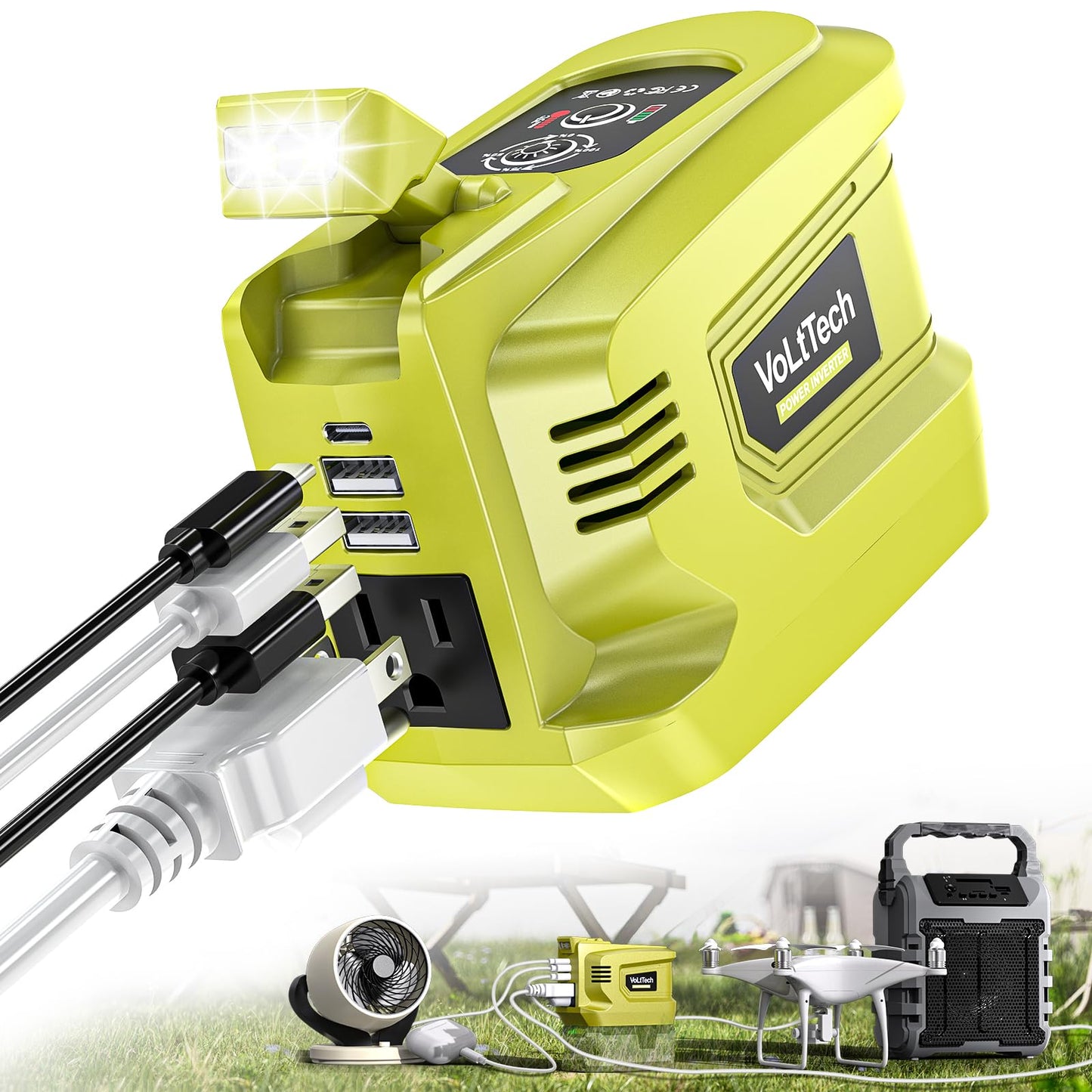 VoLtTech 200W Power Inverter Compatible with Ryobi 18V Battery, 18V to 110V-120V, Portable Phone Charger with USB Charger Adapter, 2 USB Ports & 1 Type-C & 1 AC Outlet (No Battery)