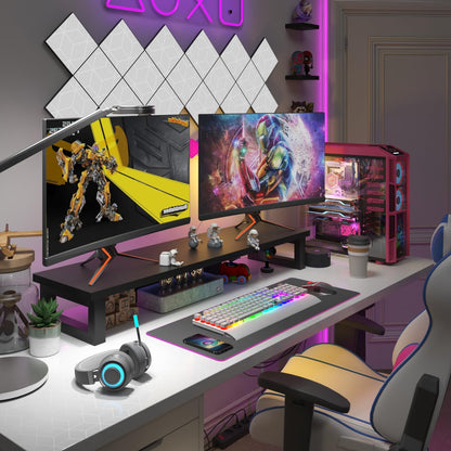 WESTREE Dual Monitor Stand Riser, Wood and Steel Monitor Stand Riser, Computer Monitor Stand for 2 Monitors, Multi-Purpose Desktop Storage Stand for Computer,Laptop,Printer,TV