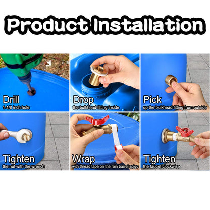 WADEO Rain Barrel Spigot, Brass Water Spigot for Rain Barrel, Rain Water Faucet Kit with Bulkhead Fitting and Thread Tape