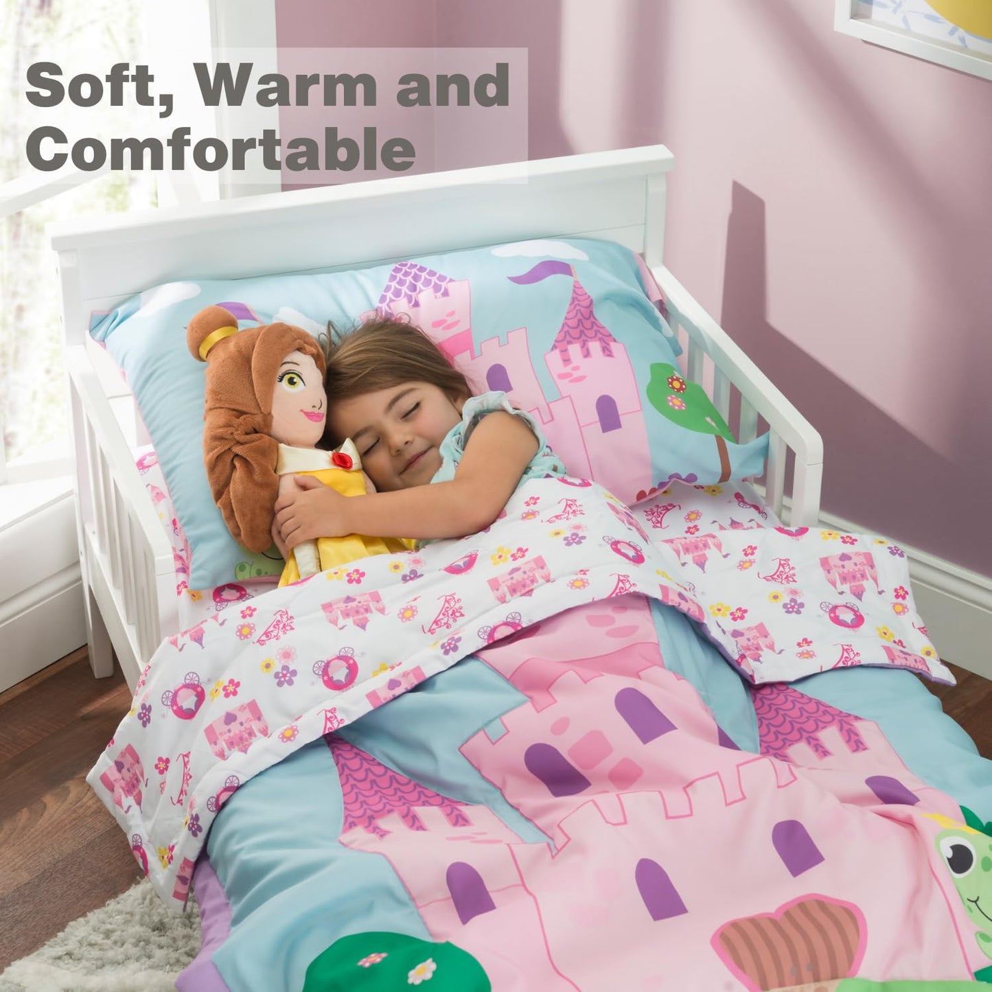 EVERYDAY KIDS 4 Piece Toddler Bedding Set -Princess Storyland- Includes Comforter, Flat Sheet, Fitted Sheet and Reversible Pillowcase