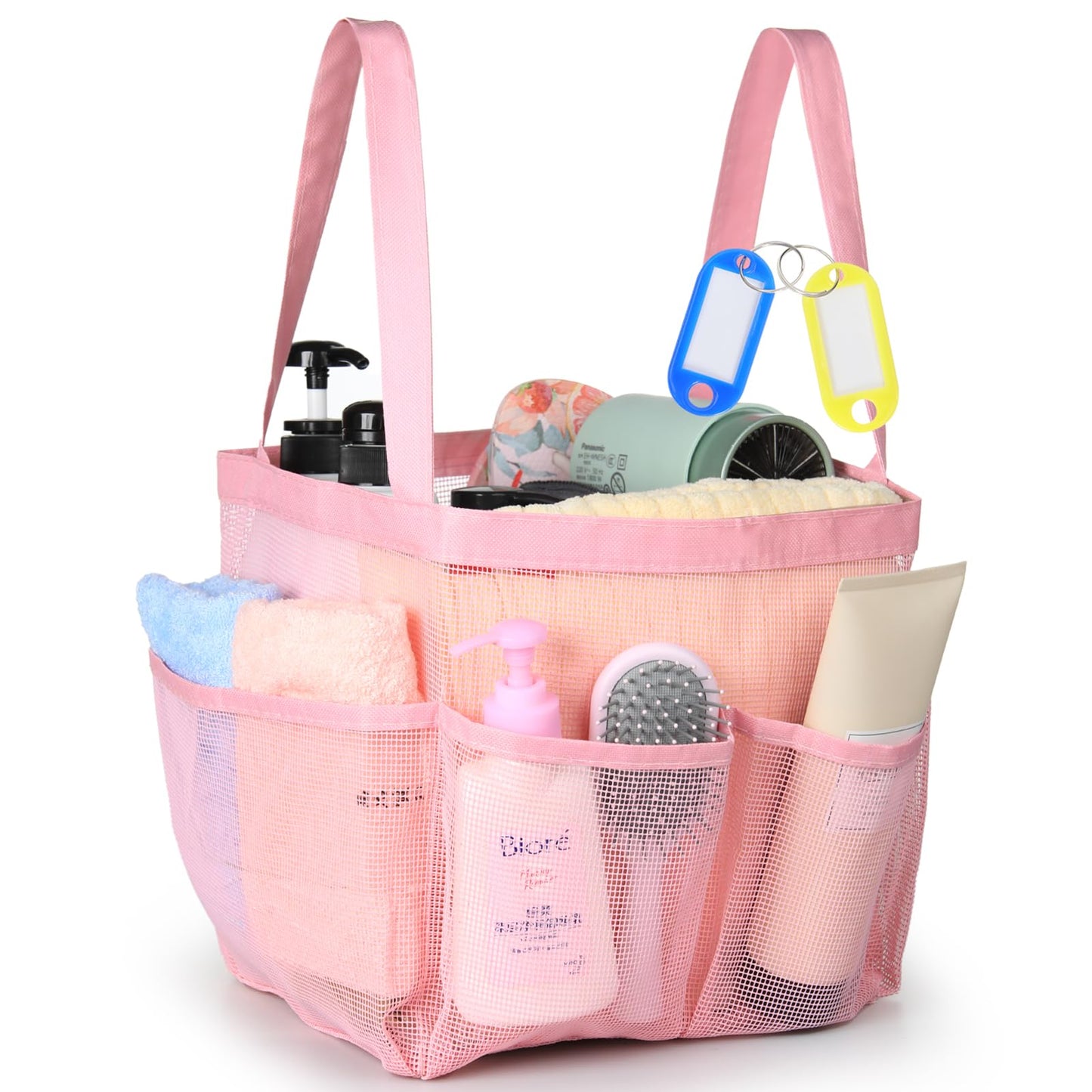 Temede Mesh Shower Caddy Tote, Large Shower Caddy Basket Portable, Quick Dry Hanging Toiletry Bag, 8 Storage Pocket Bath Organizer for College Dorm, Gym, Camp, Travel (Pink)