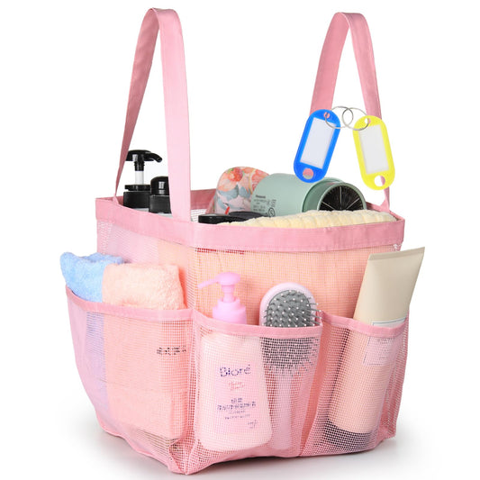 Temede Mesh Shower Caddy Tote, Large Shower Caddy Basket Portable, Quick Dry Hanging Toiletry Bag, 8 Storage Pocket Bath Organizer for College Dorm, Gym, Camp, Travel (Pink)