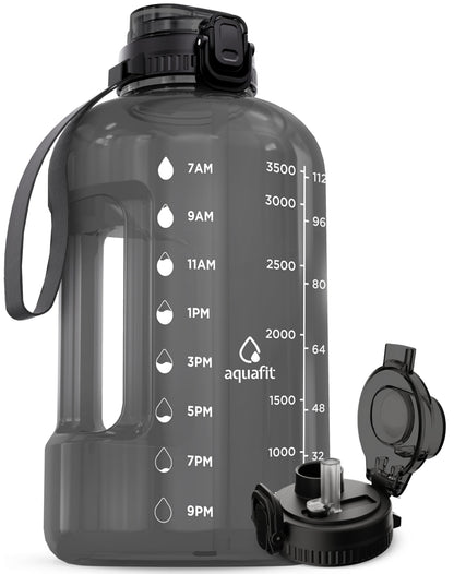 AQUAFIT 1 Gallon Water Jug with Time Marker - BPA Free 128 oz Gym Water Bottle with Straw, Handle, Gray