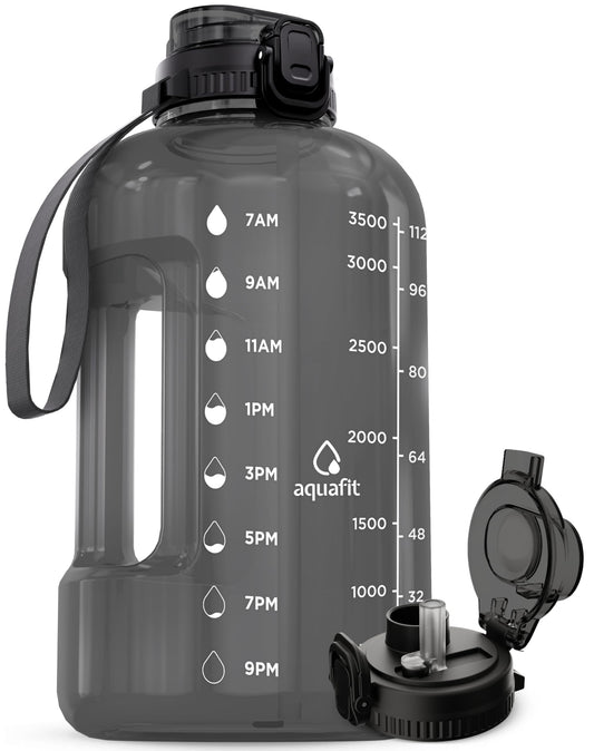 AQUAFIT 1 Gallon Water Jug with Time Marker - BPA Free 128 oz Gym Water Bottle with Straw, Handle, Gray