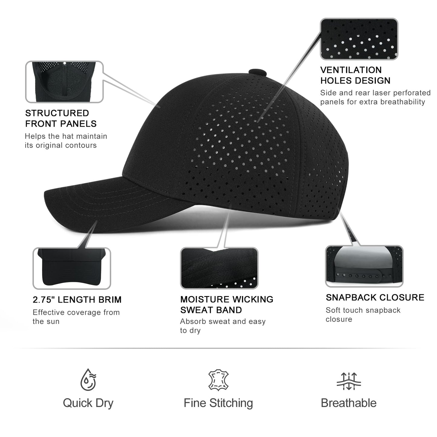 VOBOOM Men Quick Dry Baseball Cap Laser Cut Mesh Ball Curved Brim Snapback Hat (Black)