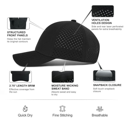 VOBOOM Men Quick Dry Baseball Cap Laser Cut Mesh Ball Curved Brim Snapback Hat (Black)
