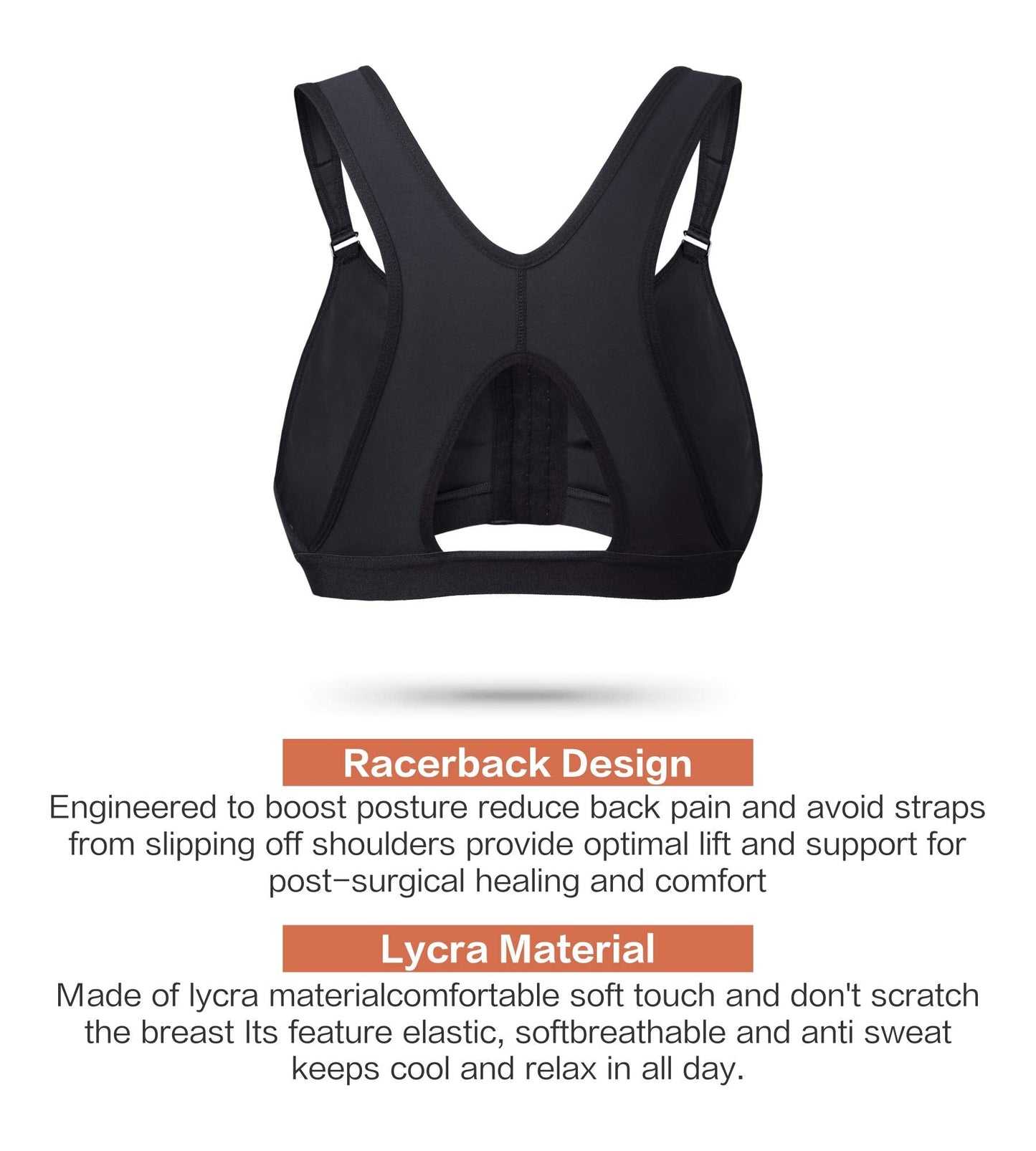 SHAPERX Women's Post-Surgical Front Closure Sports Bra Adjustable Wide Strap Racerback Support Bra,SZ83288-Black-L