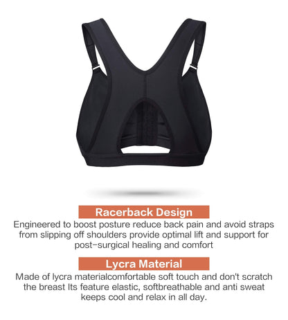 SHAPERX Women's Post-Surgical Front Closure Sports Bra Adjustable Wide Strap Racerback Support Bra,SZ83288-Black-L