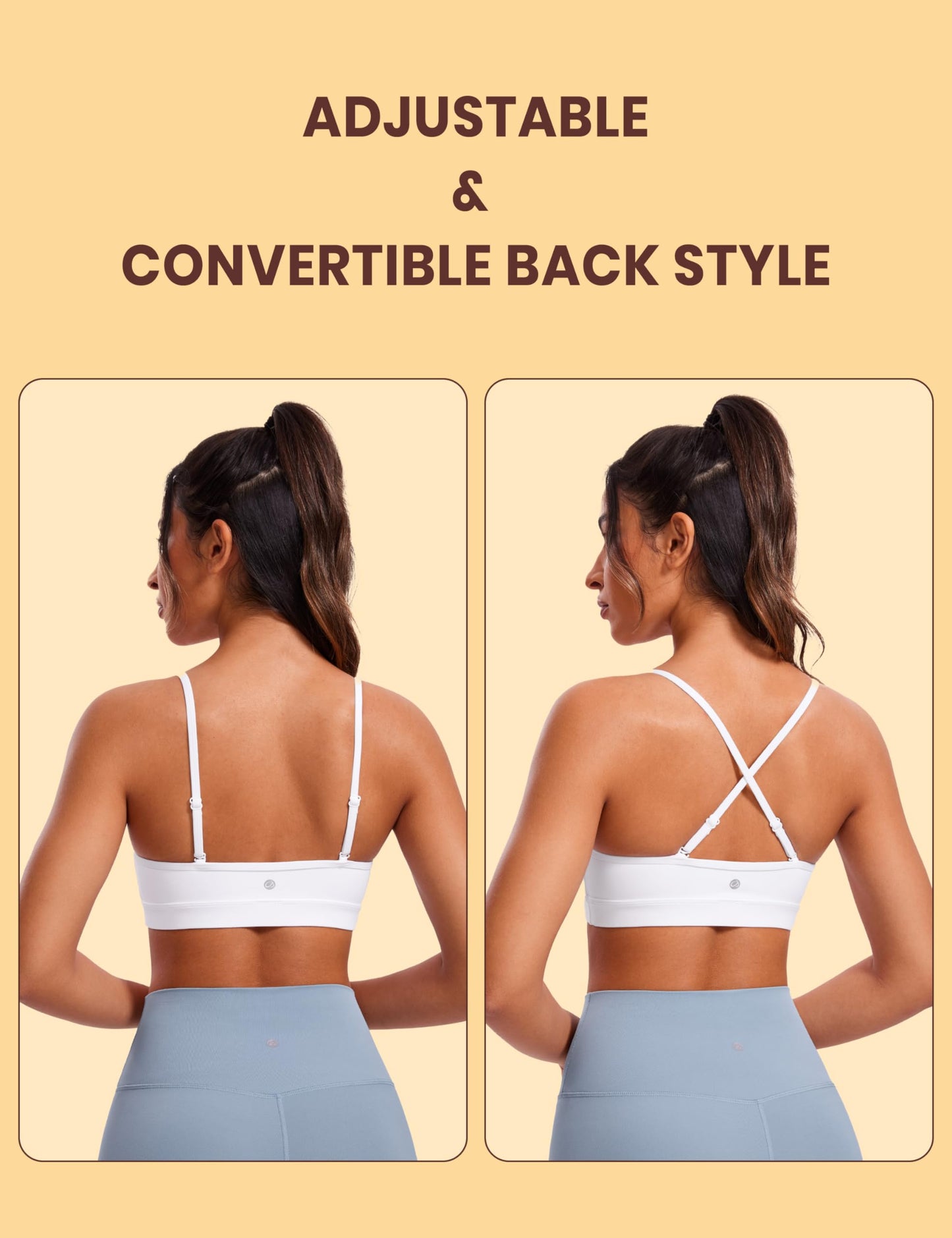 CRZ YOGA Butterluxe V-Neck Sports Bras for Women - Adjustable Thin Straps Padded Yoga Top Basic Wireless Camisole White Medium