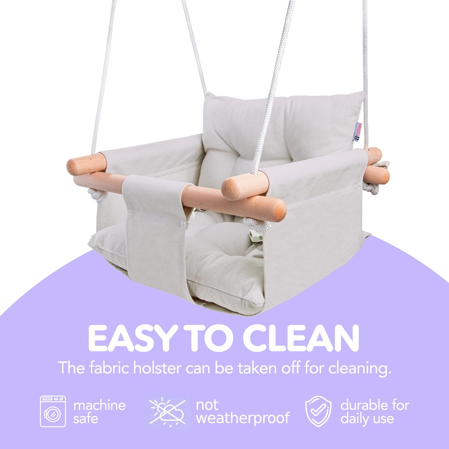 CaTeam - Canvas Baby Swing, Wooden Hanging Swing Seat Chair with Safety Belt, Durable Baby Swing Chair, Outdoor and Indoor Swing for Kids, Mounting Hardware Included, Gray