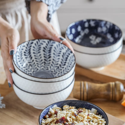 Swuut Japanese Style Ceramic Cereal Bowls,24 Ounces Salad,Soup Ramen Pho Salad Bowl Set of 6,Blue and White Microwave Safe (6 inch)