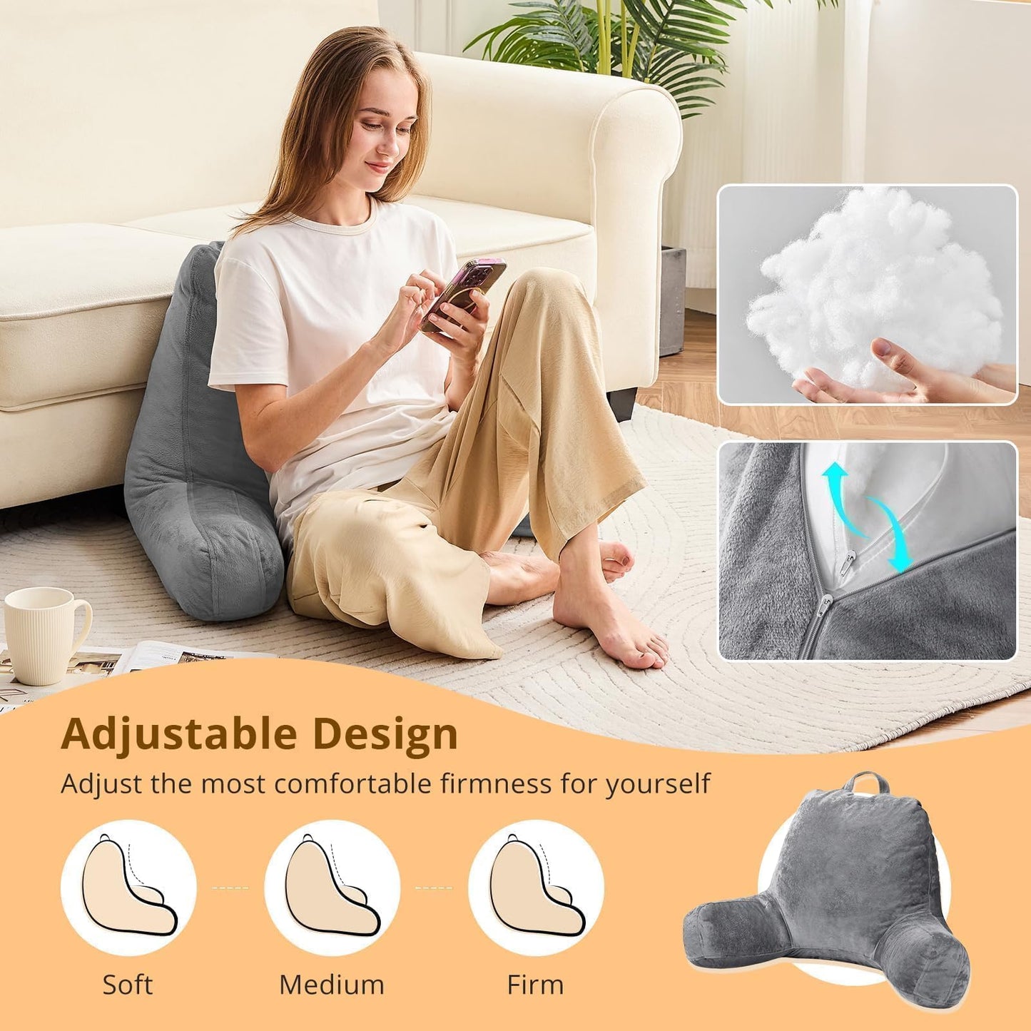 Sasttie Reading Pillows for Sitting in Bed Adult, Velvet Back Pillow Bed Sitting Up, Back-Rest Support Cushion for Sit Up on Couch, Sofa, and Floor, Dorm Essentials, Oeko-Tex Certified, Dark Grey