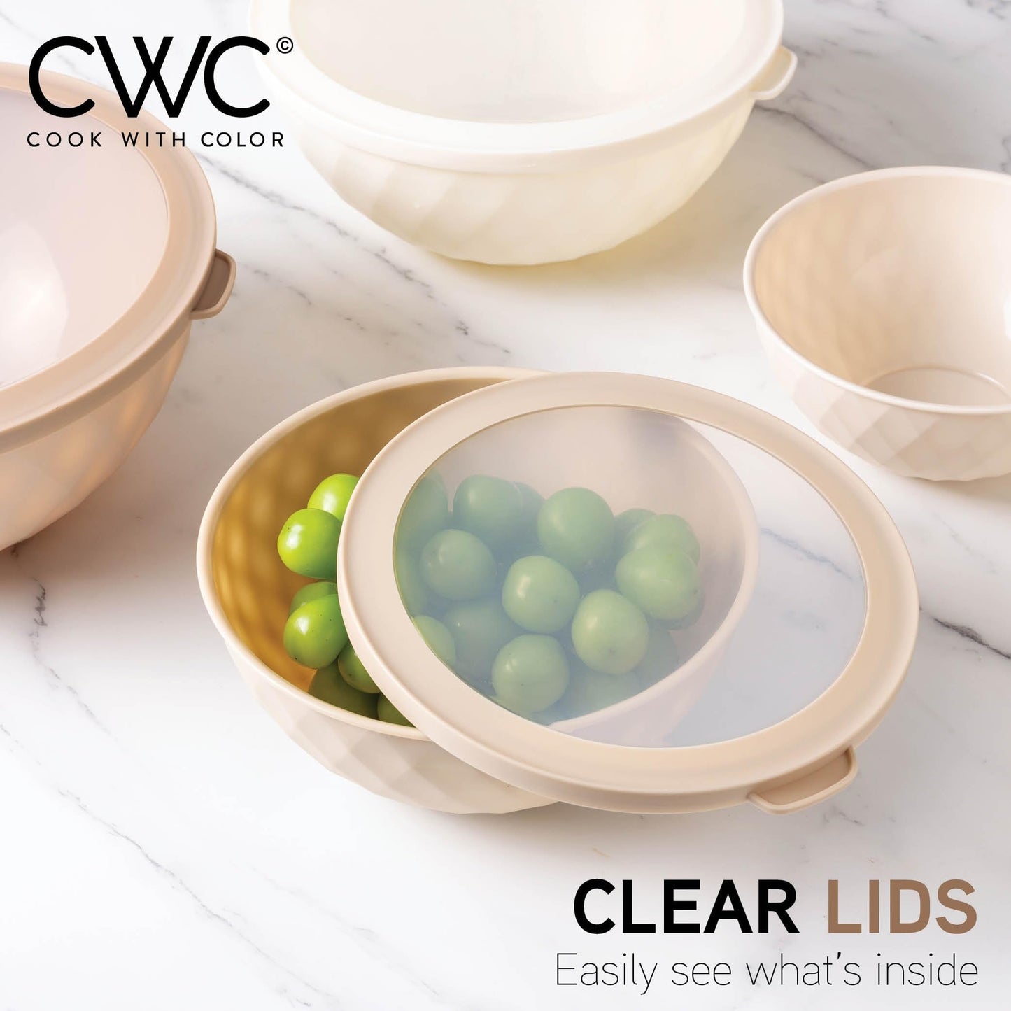 COOK WITH COLOR Mixing Bowls with Lids - 12 Piece Plastic Nesting Bowls Set includes 6 Prep Bowls and 6 Lids, Diamond Design - Microwave Safe