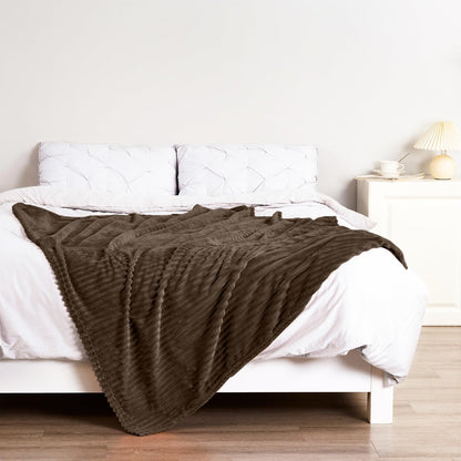 Bnuitland Brown Flannel Throw (50X70 inches) with Storage Pouch,300GSM Super Soft Fleece Stripe Pattern Sofa Blanket for Adults and Kids, Lightweight Cozy Bed Throw for Home Decor All Season