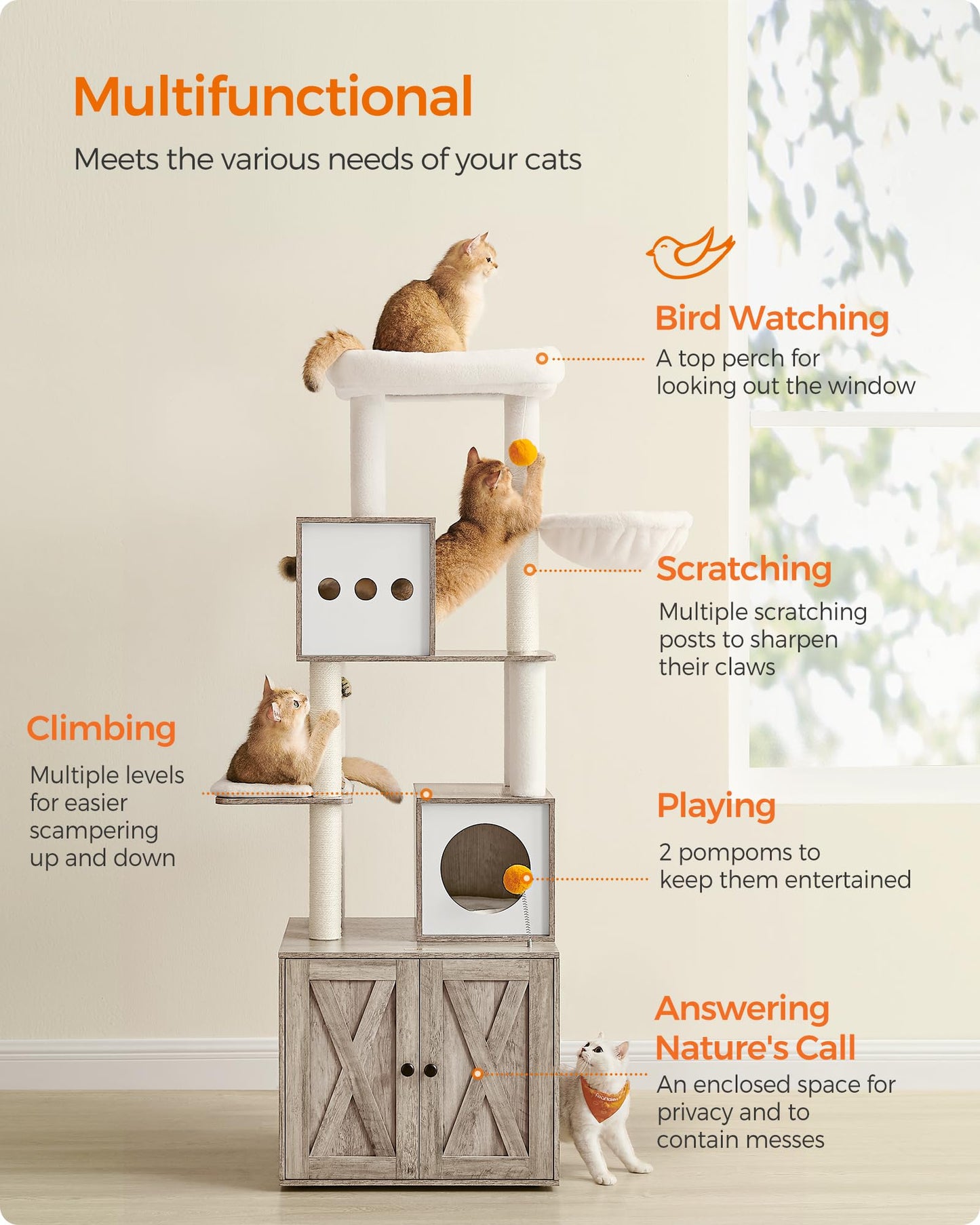 Feandrea Cat Tree with Litter Box Enclosure, 2-in-1 Modern Cat Tower, 70.8-Inch Tall Cat Condo with Scratching Posts, Perch, Caves, Basket, Washable Cushions, Heather Greige UPCT116G01