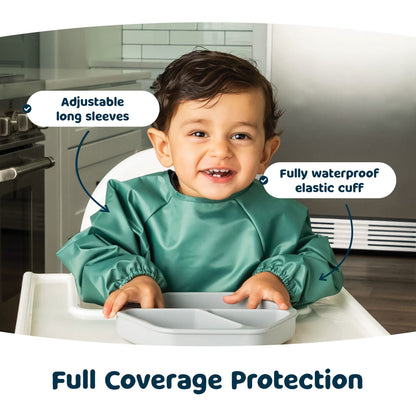 Tiny Twinkle Mess Proof Baby Bibs, 2pk Waterproof Smock Baby Bibs for Eating, Machine Washable Long Sleeve Bibs, Baby Led Weaning, Toddler Bibs, BLW Supplies (Slate Olive, Small 6-24 Months)