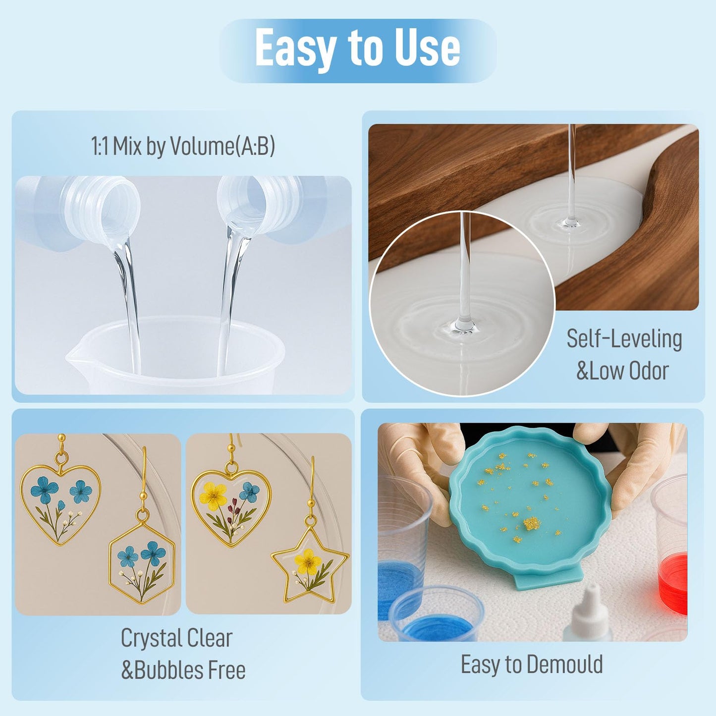 Clear Epoxy Resin Kit 1 Gallon, 2 Part Resina Epoxica for Countertop Wood Table Bar top, Self-Leveling Food Safe Crystal Casting Resin Coat for Crafts Art Jewelry Tumbler Coasters Tabletop DIY