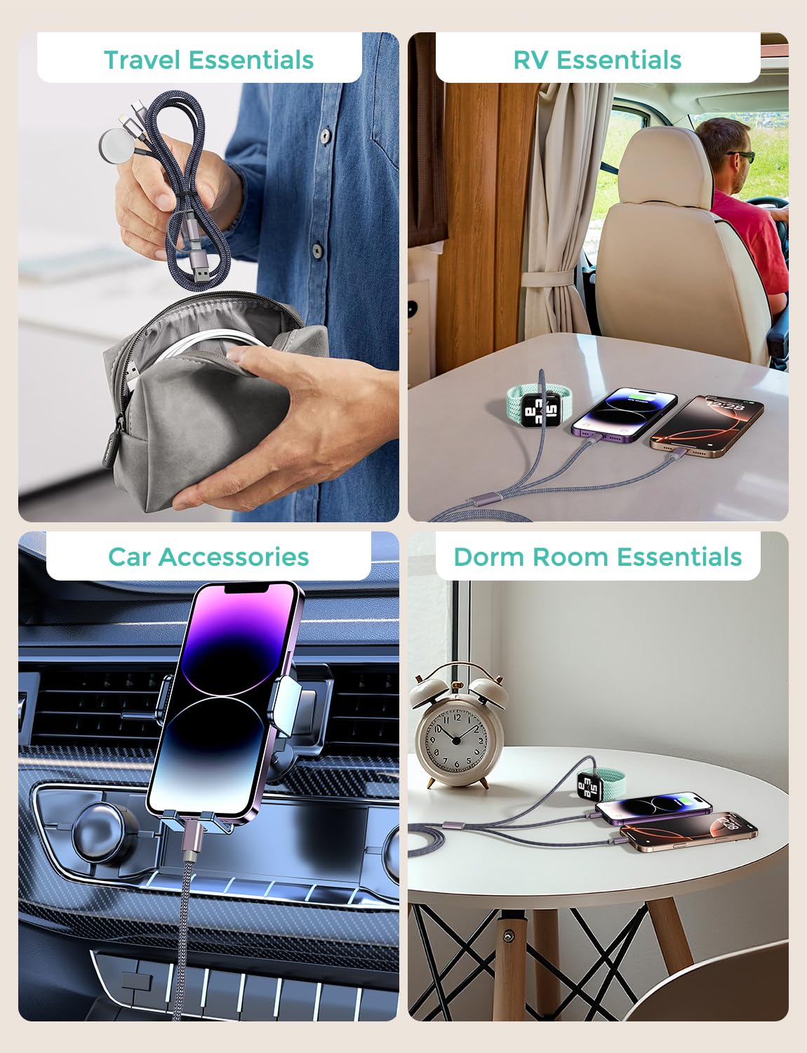 Travel Essentials,3 in 2 USB C Cable for Apple Watch Charger/iPhone Charger,Multi Charging Cable,Vacation RV Camping Essentials,Portable for iWatch Series 11-2/Ultra/SE& iPhone 17-12,Car,Xbox-4FT