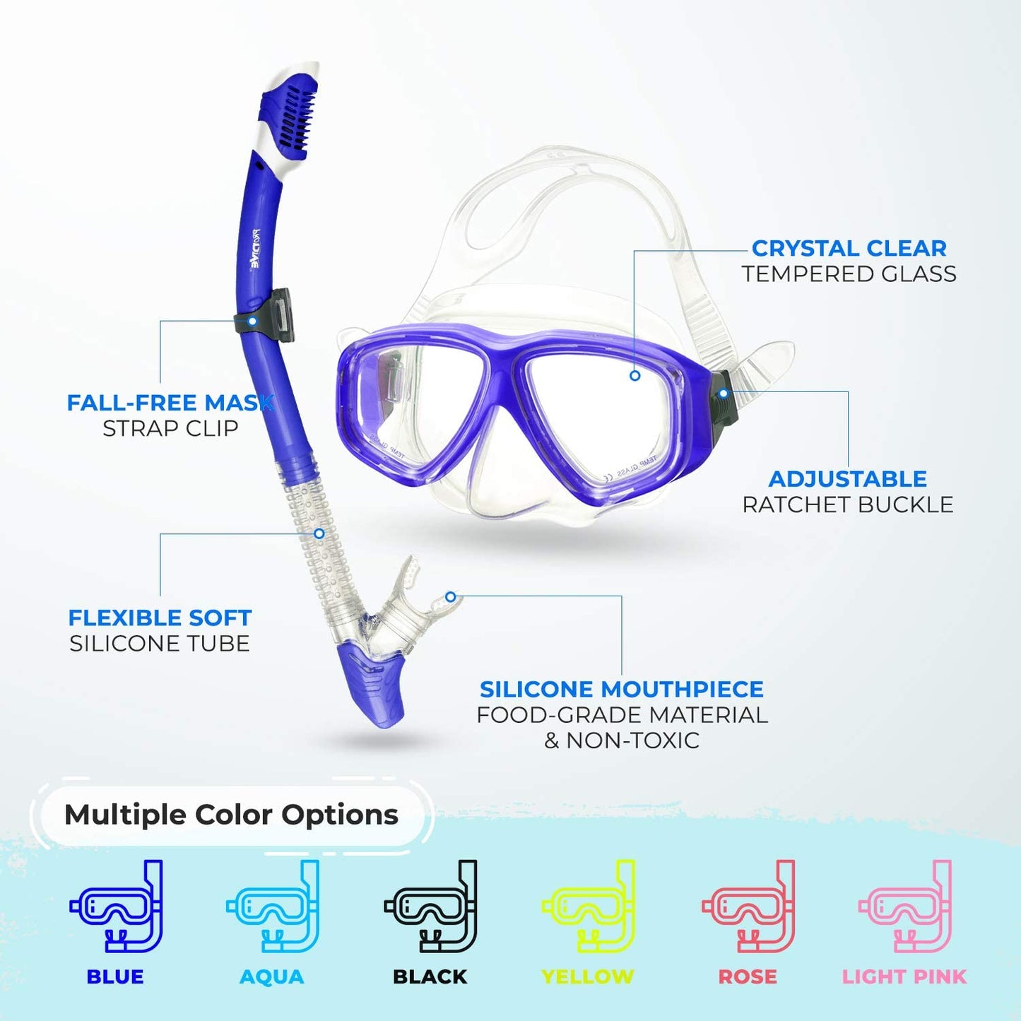 PRODIVE Snorkel Mask and Snorkeling Gear - Dry-Top Snorkel Set with Impact-Resistant Tempered Glass Lens, Anti-Fog Design, Watertight Seal, Adjustable Strap with Carry Case (Crystal Clear Vision)