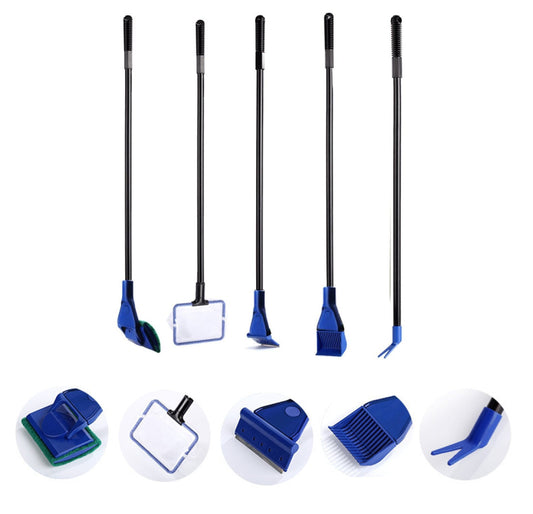AquaticHI 5 in 1 Aquarium/Fish Tank Cleaning Kit/Tool, Algae Scraper, Fish Net, Sponge, Plant Fork, Gravel Rake, Length 19 inches (Non-Extendable)