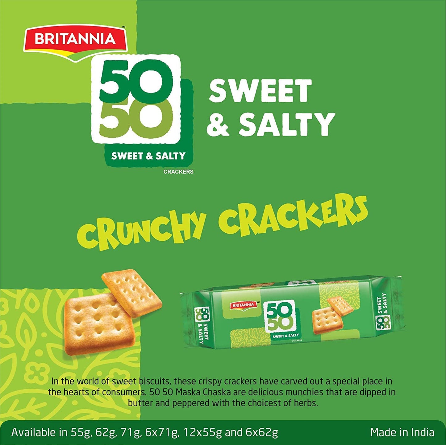 Britannia Crackers 50 50 Sweet and Salty Biscuit 2.19oz (62g) - Delicious, Light & Crispy Grocery Cookies - Best Treat for Friends & Family (Pack of 4)