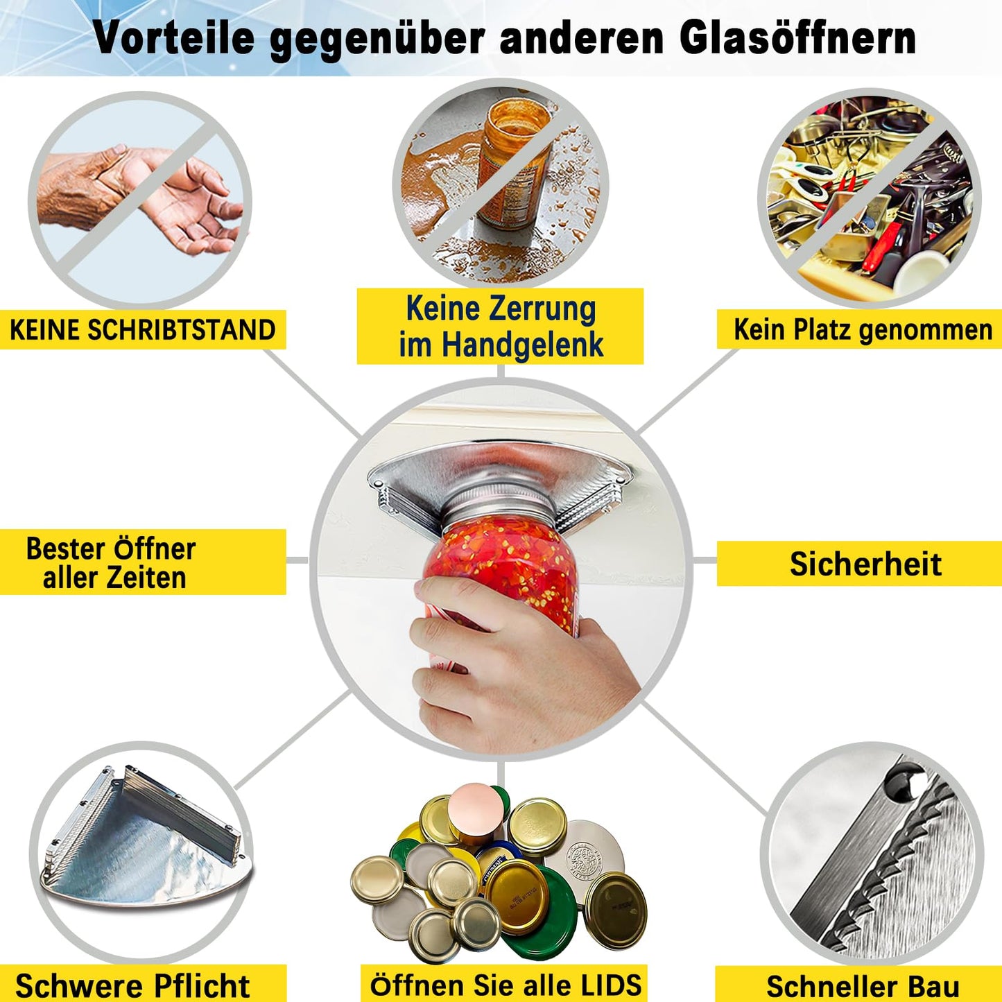 GOLDTREE Latest Stainless Steel Jar Openers for Seniors, Under Cabinet Jar Opener Tool for Weak Hands, Under Counter Jar Lid Cap Opener, Easy Grip