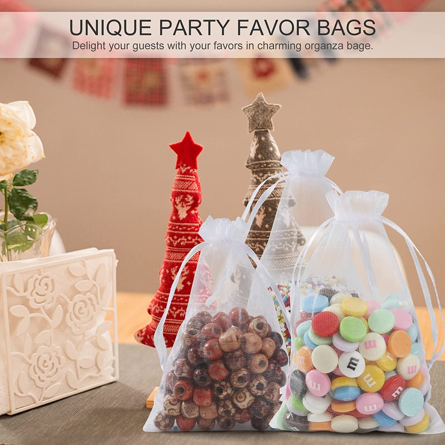 ANZNKU 50 Pack Organza Bags 5 x 7 Inch, White Sheer Favor Mesh Bags Drawstring, Gift Bag Small Size, Mesh Bag Drawstring For Wedding Party