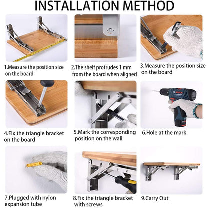 Storystore Folding Shelf Brackets - 10 Inch Heavy Duty Stainless Steel Collapsible Shelf Bracket for Bench Table, Space Saving DIY Bracket, Max Load: 550lb （2 PCS）