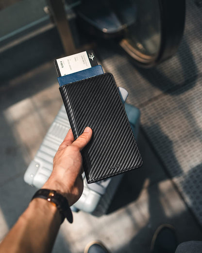 VULKIT Passport Wallet RFID Blocking Travel Wallet for Men & Women, Long Size, Carbon Fiber Black