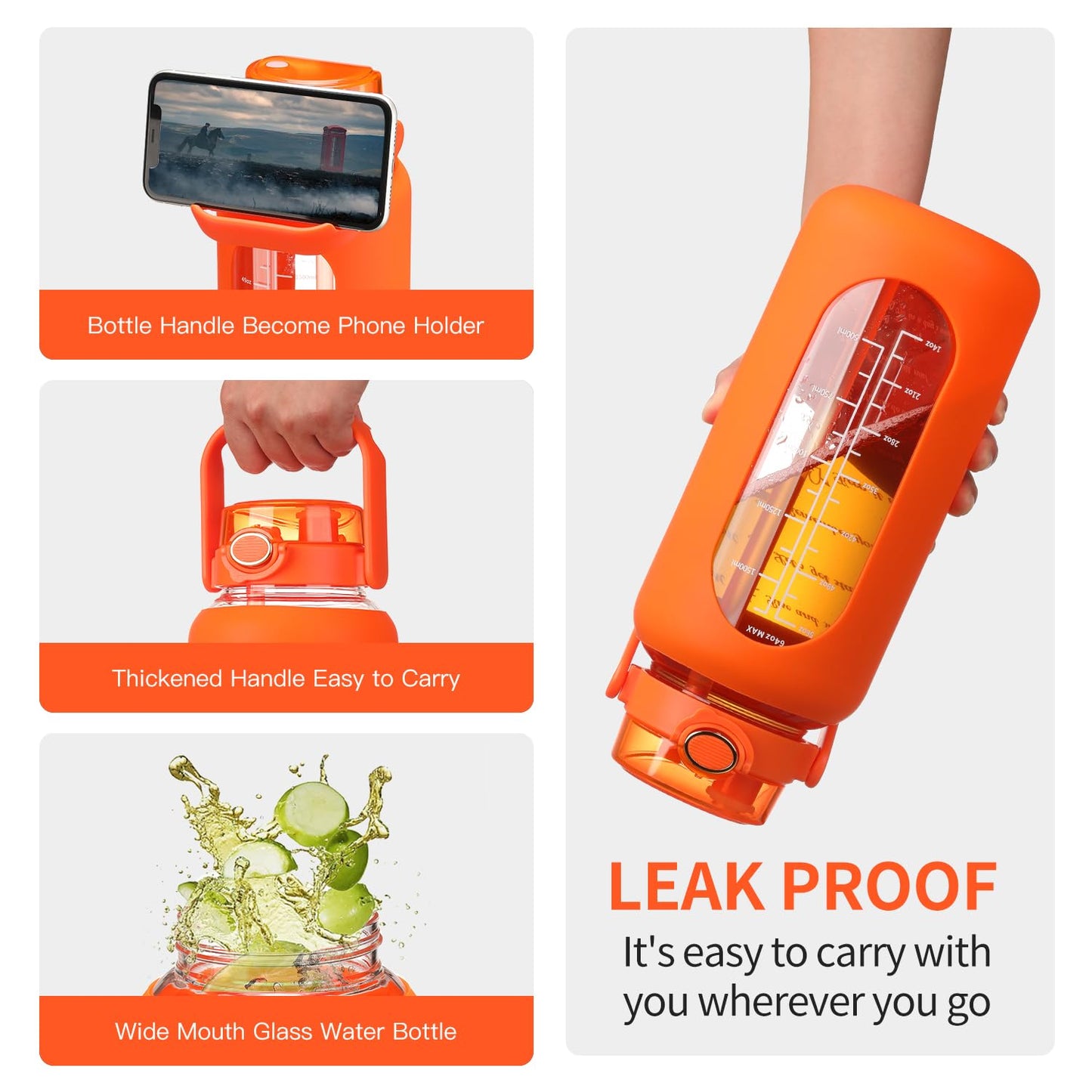 SIEROZUR 64oz Glass Water Bottle with Straw and Handle Lid Half Gallon Motivational Glass Bottle with Silicone Sleeve and Time Marker Large Reusable Sports Water Jug for Gym Home Workout