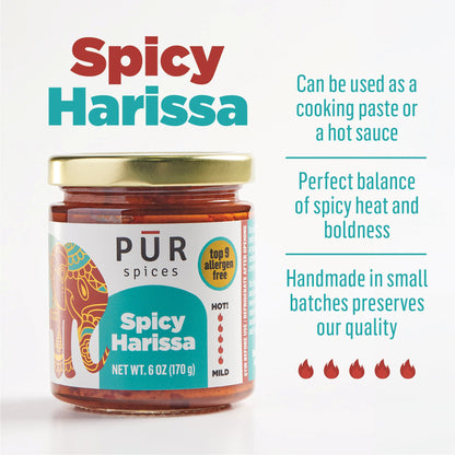 PUR Spices Original Spicy Harissa Paste I Hot Sauce for Cooking and Dipping I Spicy Chili Pepper and Garlic Paste | Middle Eastern Inspired | Plant Based, Gluten Free, No Sugar Added, Preservative and Additive Free I 6oz Jar