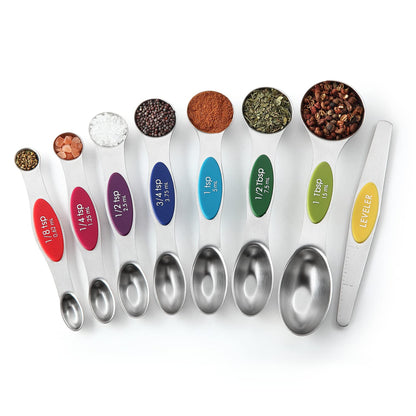 Spring Chef Stainless Steel Magnetic Measuring Spoons Set with Strong Magnets, Heavy Duty Metal Kitchen Essentials - Fits in Most Kitchen Spice Jars, Multicolor, Set of 8 with Leveler