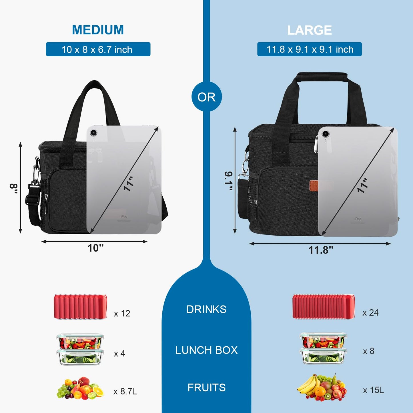 Femuar Reusable Lunch Box for Men/Women - Insulated Lunch Bag Leakproof Lunchbox for Work Office Picnic Beach - Freezable Lunch Cooler Bag with Adjustable Shoulder Strap - Black
