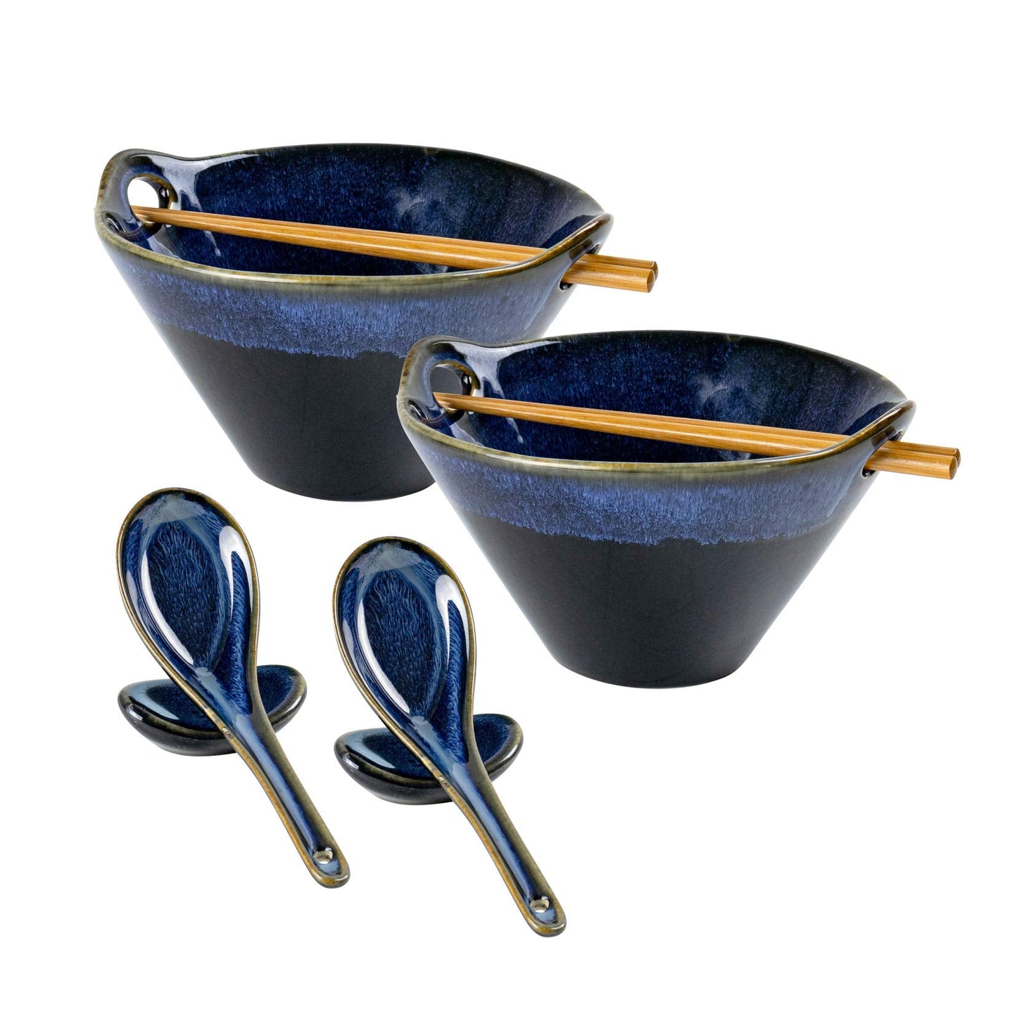 UNICASA Japanese Ramen Bowl Set with Chopsticks, Spoons and Rests, 26oz Deep Porcelain Noodle Bowl Set of 2 for Udon, Pho, Salad, Soup (Reactive Blue)
