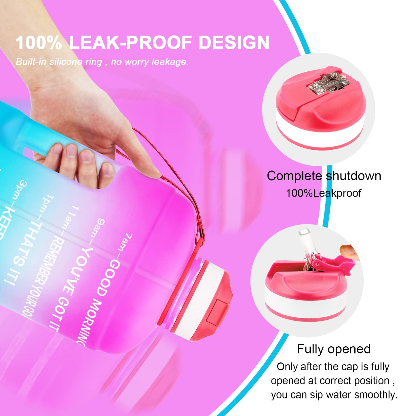 QuiFit Motivational Gallon Water Bottle - with Straw & Time Marker BPA Free Large Reusable Sport Water Jug with Handle for Fitness Outdoor Enthusiasts Leak-Proof (Pink/Blue,1 gallon)