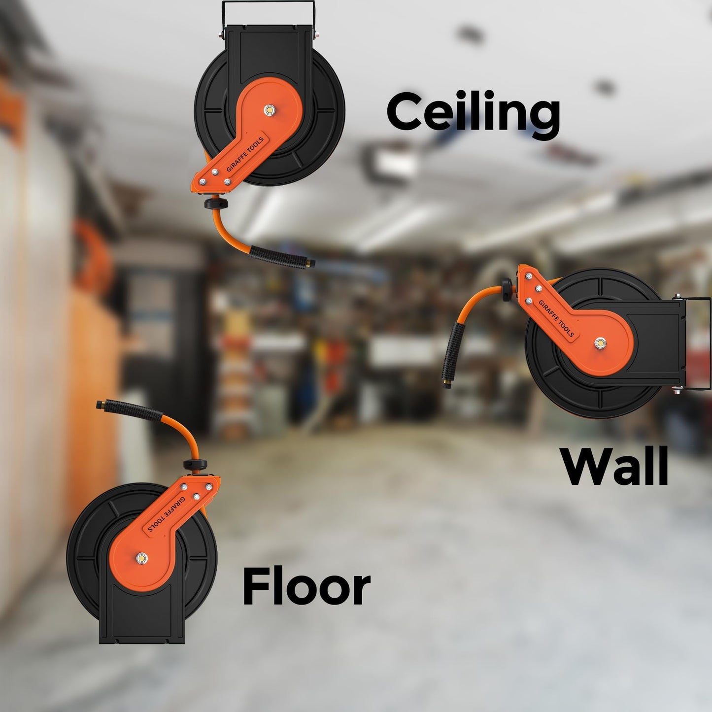 Giraffe Tools TA15BPLUS Retractable Air Hose Reel with Swivel Bracket 3/8" x 50 ft Hybrid Hose, Ceiling/Wall Mounted Heavy Duty Industrial Air Compressor Hose Reel, 300PSI, 50ft