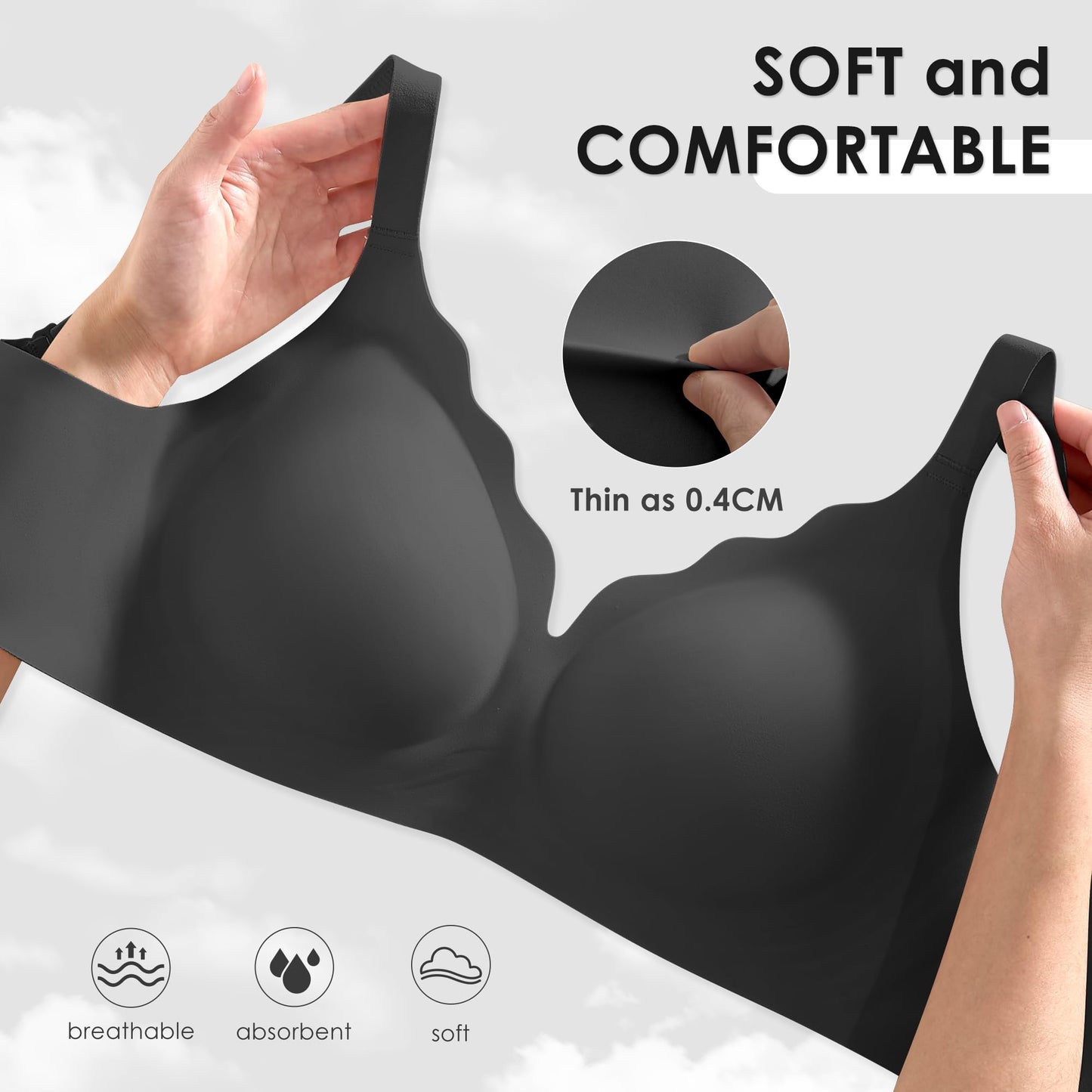 Seamless Wireless Bra for Women with Support - No Underwire Full Coverage Push Up Comfort Bras - Smoothing Fashion Clothing for Womens Girlfriend Gift - Christmas Birthday Gifts for Women(Black,L)